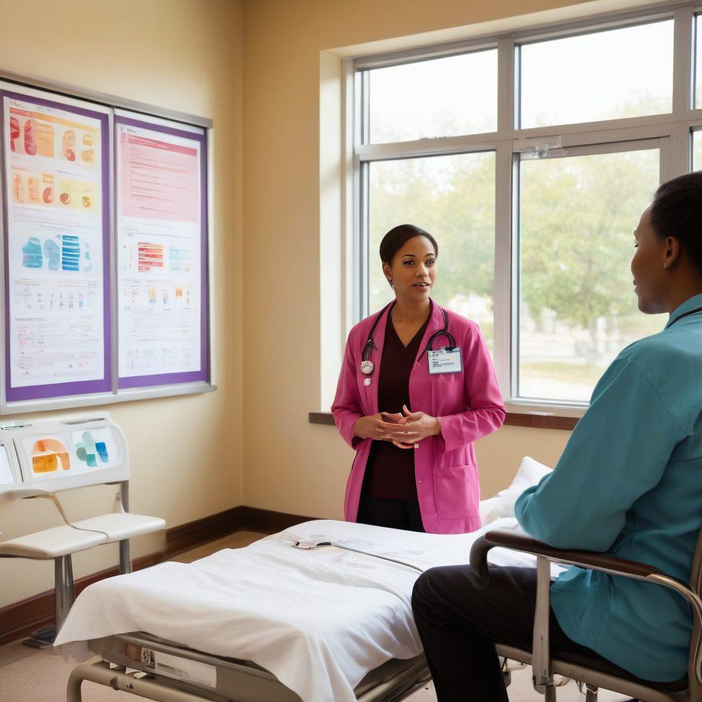 A compassionate healthcare professional guiding a diverse group of patients towards a thoughtful discussion about kidney care ethics, with dialysis equipment subtly in the background. The setting is warm and inviting, filled with colorful charts depicting patient advocacy and ethical considerations. Include natural light filtering through large windows, highlighting the hope in the patients' faces. super-realistic. vibrant colors. light background.