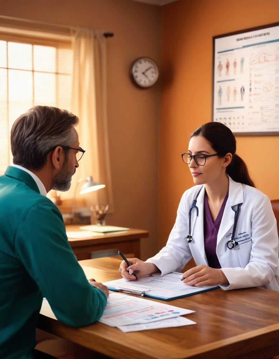 A thoughtful doctor discussing renal health with a patient in a cozy clinic setting, with infographics about ethical decision-making in the background. The scene includes medical charts and educational materials on a table, symbolizing patient empowerment through knowledge. Soft, warm lighting enhances the atmosphere of care and support. super-realistic. vibrant colors. cozy clinic environment.