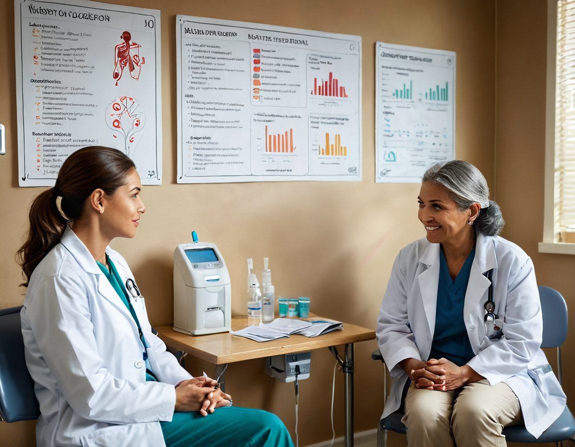A thoughtful healthcare professional discussing with a dialysis patient in a cozy clinic setting. The room is filled with soft natural light, medical paraphernalia subtly in the background, and an infographic on ethical healthcare practices displayed on a wall. The patient looks relieved and engaged, symbolizing hope and quality of life. Include vibrant colors to reflect warmth and compassion. super-realistic. 3D.